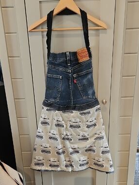 Hand Crafted BY ME Denim and Typewriter Print Reverse Horsey Apron